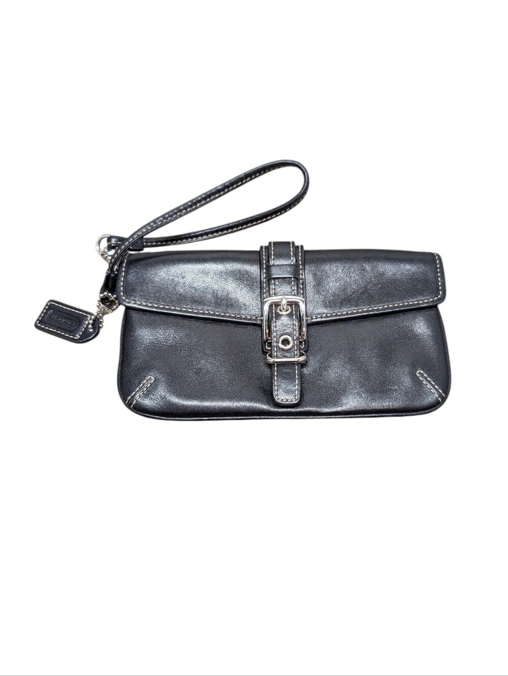 Coach Black Leather Wristlet Clutch with Silver Hardware